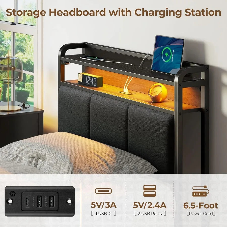Twin Size Bed Frame with Built-in Charging Station and Ambient LED Lights Upholstered Headboard Featuring Adjustable Storage Sh