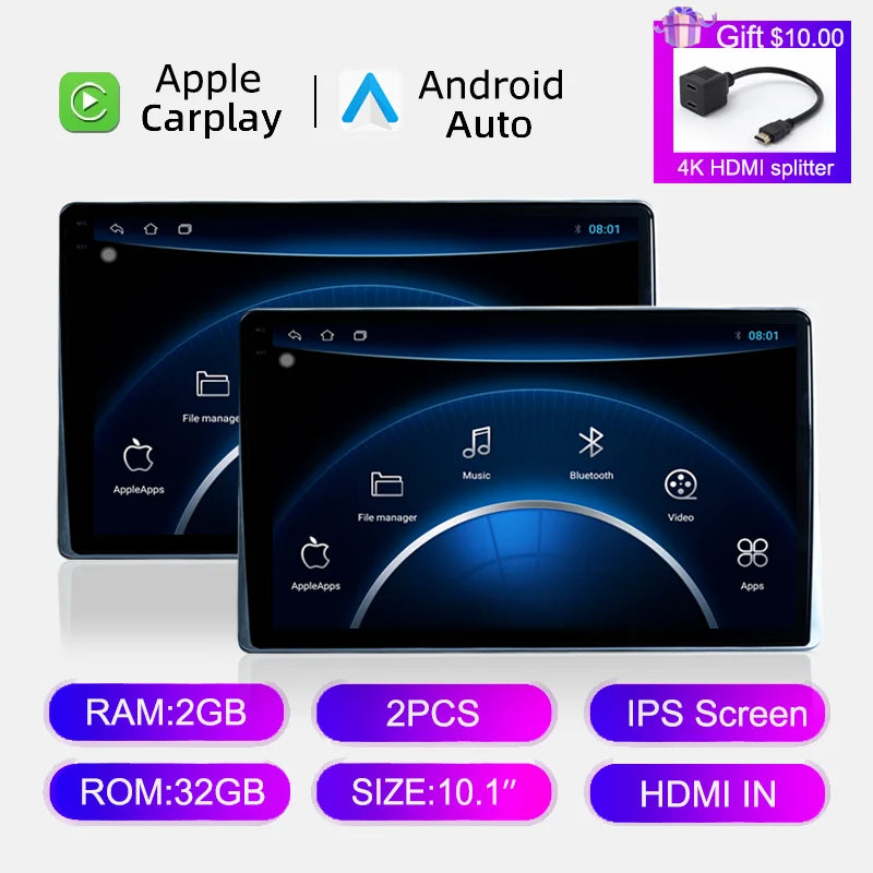 10.1" HD 1280*800 Android 13 Car Headrest Monitor Tablet For Back Seat Multimedia Apple Carplay Ambient Lights BT SD HDMI-Input