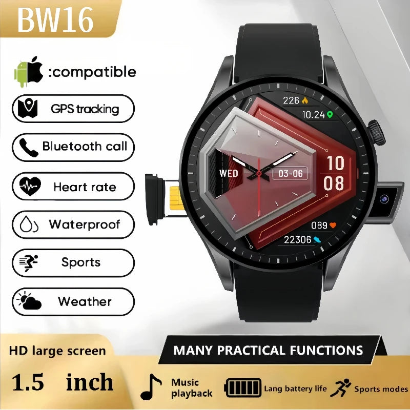 BW16 New SIM Card Smart Watch 1.5 inch Bluetooth Call Camera Waterproof Music Heart Rate Multi-Sports Modes Smartwatch men women