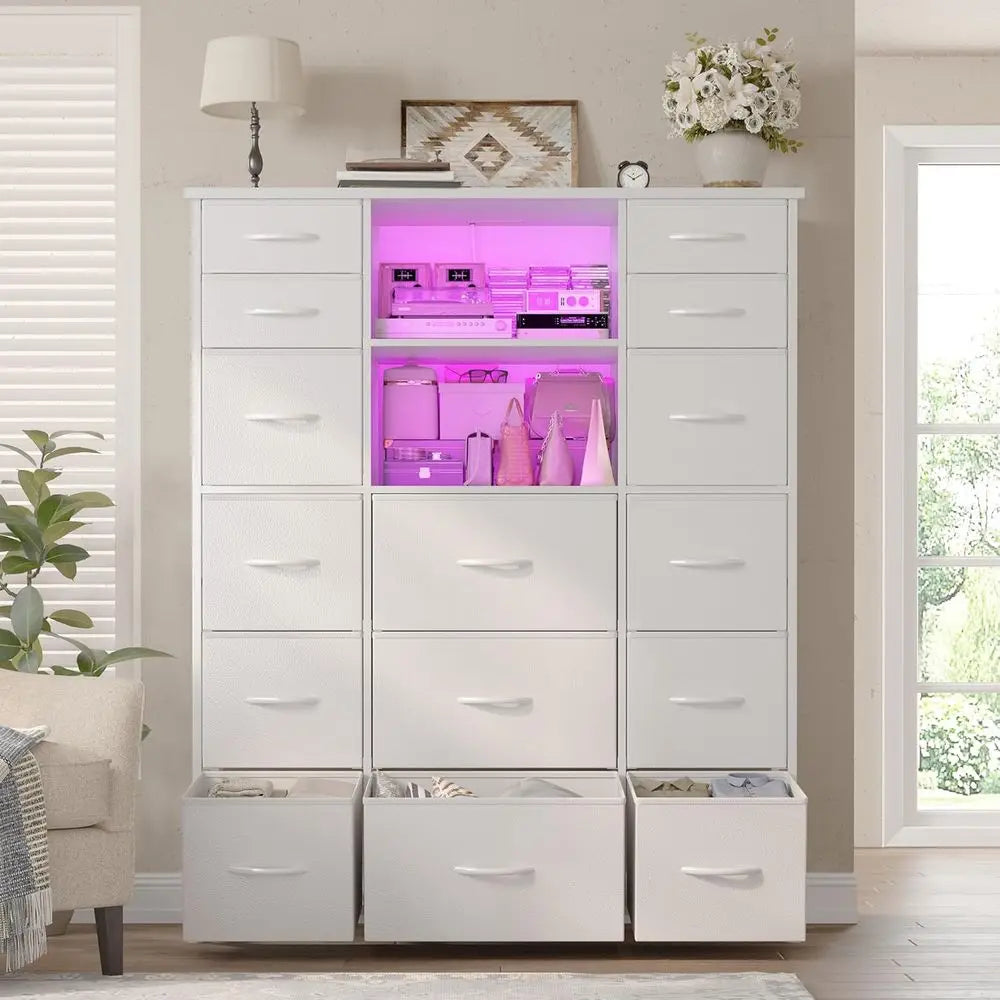 White 51'' High Bedroom Dresser with 15 Drawers, Charging Station, LED Lights, and Hutch