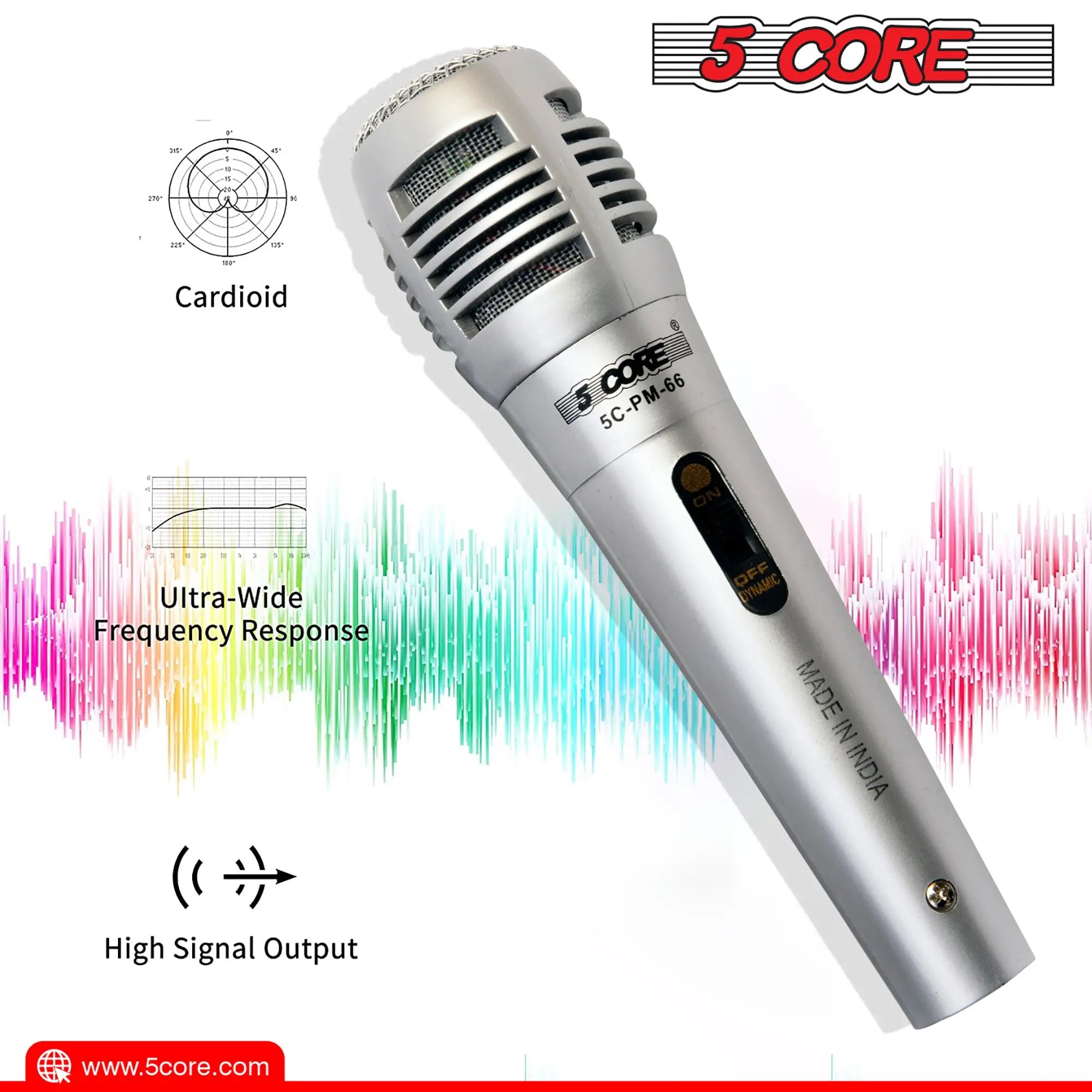 5 CORE Microphone Dynamic Vocal Handheld Mic Cardioid Unidirectional Microfono w On Off Switch + XLR Audio Cable for Singing