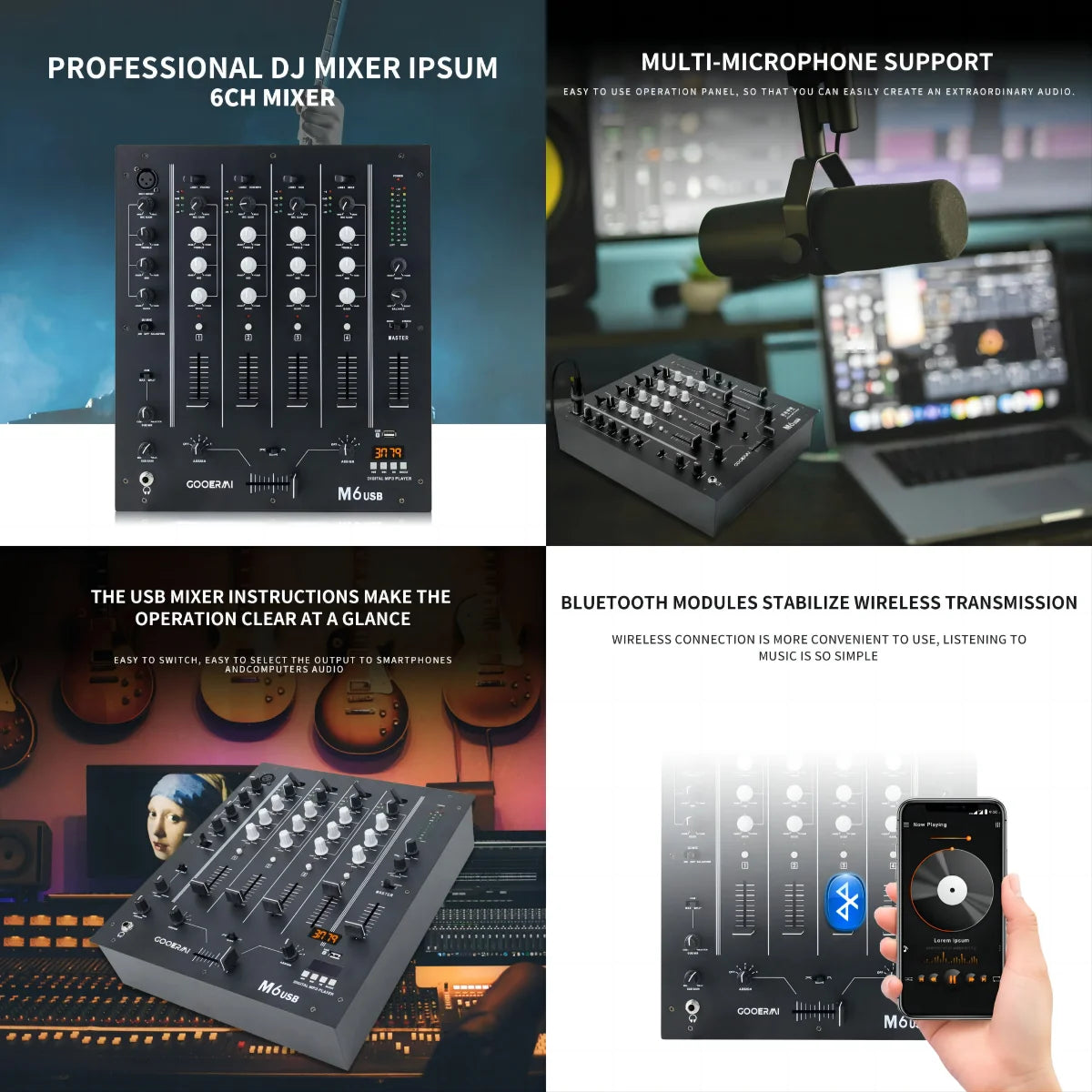 Professional 4-channel DJ Mixer With USB SD LCD 3 Channel Dj Mixer Controller  Digital Sound Mixing Console