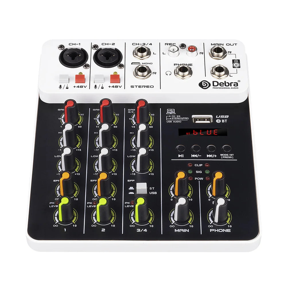 Debra V4 4 Channels Audio Mixer With Bluetooth USB 48V Phantom Power Delay Repaeat Effect  For Sound Mixing Console PC Recording