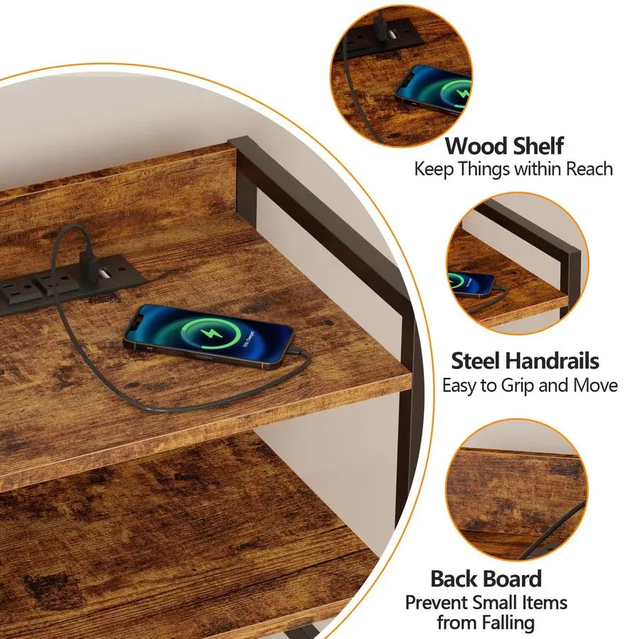 Night Stand with Charging Station and Led Light, 4 Drawer Dresser for Bedroom, Small Nightstand Bedside Table, Fabric Bins, Meta