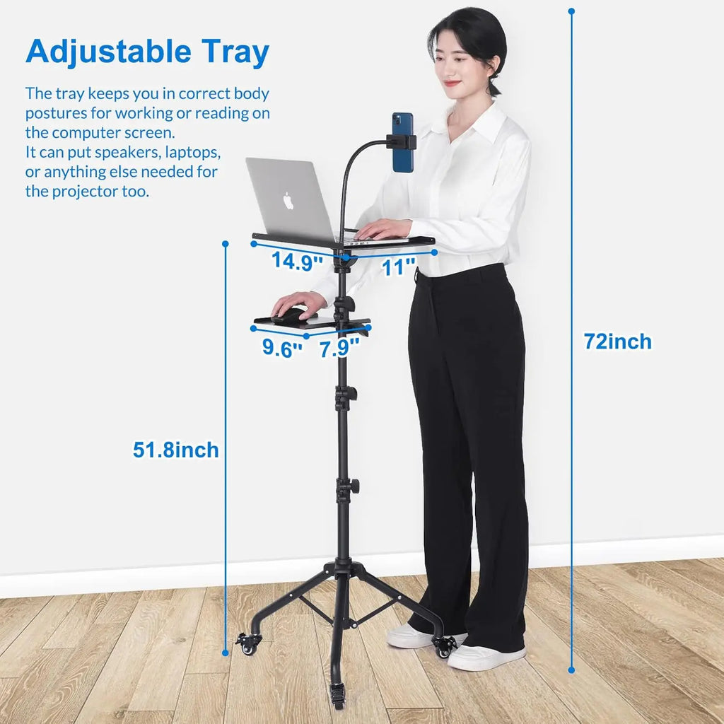 Portable Laptop Tripod on Wheels with Adjustable Height and Phone Holder, 2 Shelves for Projector Stand