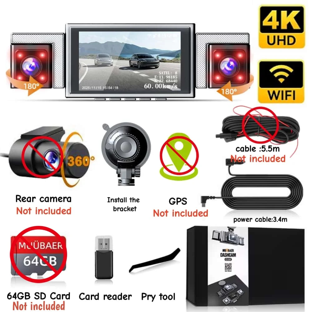 4-Channel 360° Panoramic Dash Cam 4K Front+1080P Rear/Left/Right, GPS WiFi, Night Vision, Loop Recording, Parking Monitor
