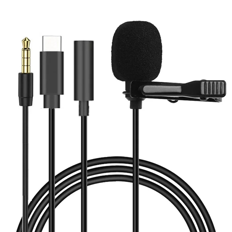 1.5m Mini Portable Lavalier Microphone Condenser Clip-on Lapel Mic Wired USB 3.5mm Type C Microphone For Laptop PC DSLR Camera
