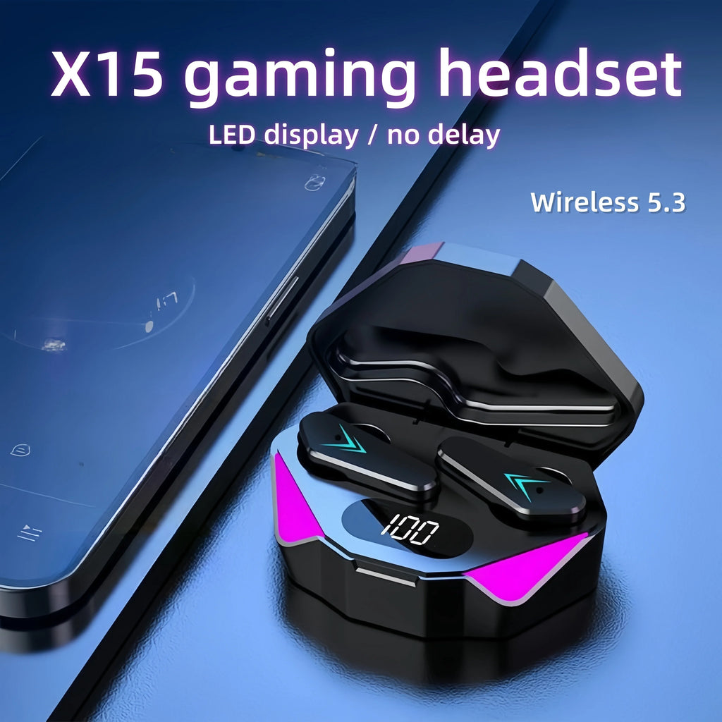 Gaming Headset with LED Display, X15 TWS Wireless Bluetooth Headphones Touch Control Earbud with Mic for PC Mobile Phones