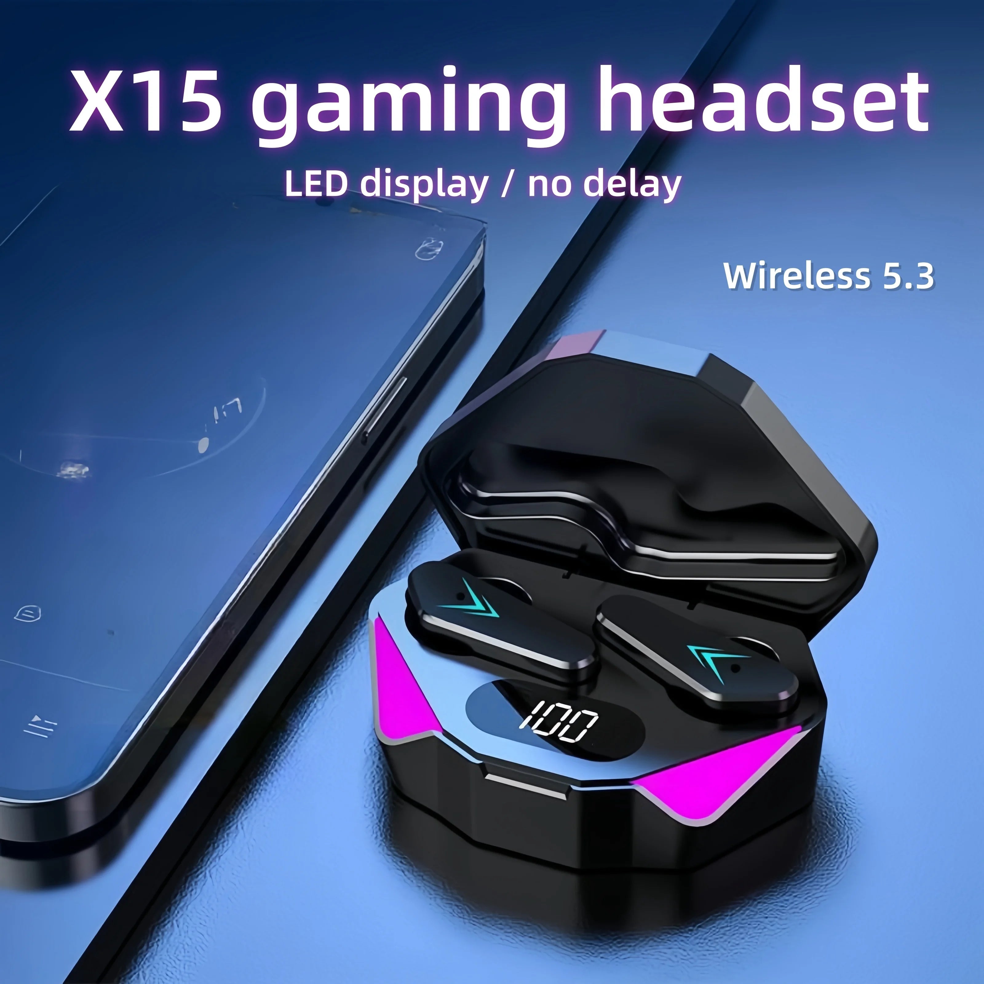 Gaming Headset with LED Display, X15 TWS Wireless Bluetooth Headphones Touch Control Earbud with Mic for PC Mobile Phones
