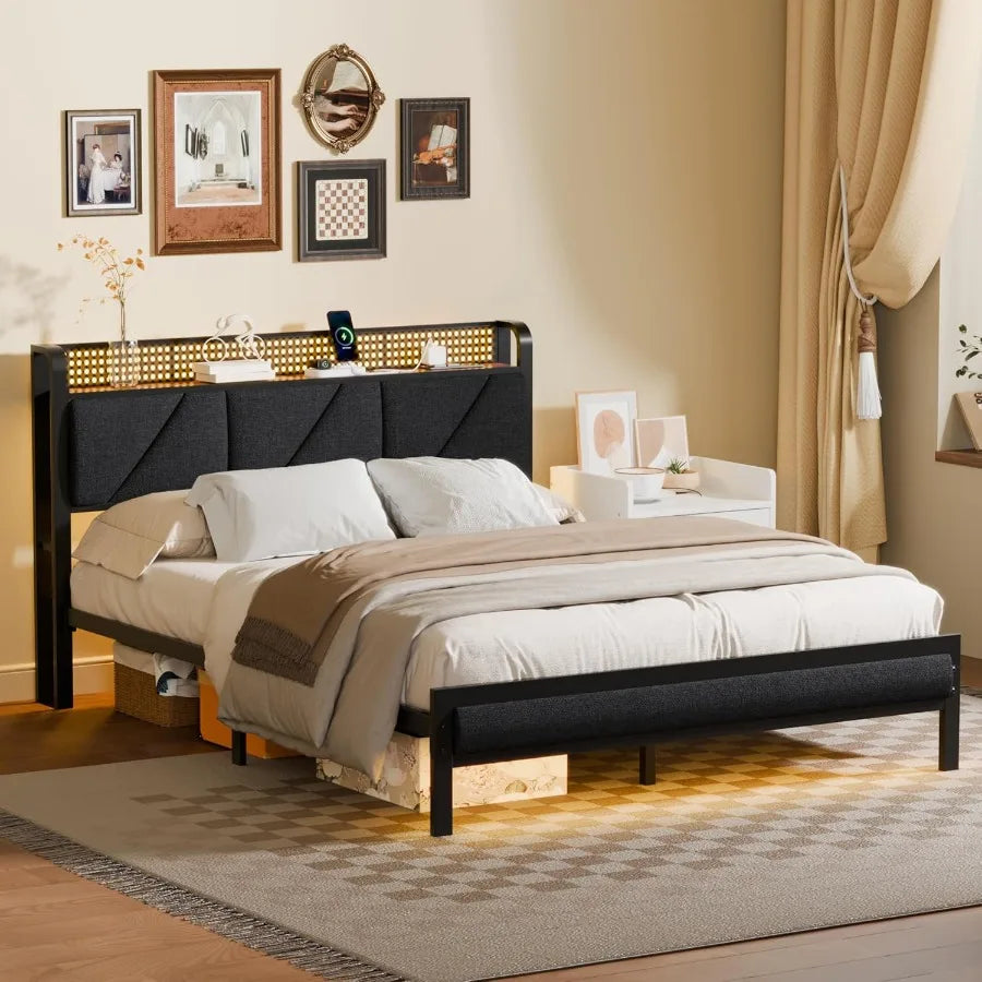 Queen Size Platform Bed Frame with Upholstered Headboard Built-in LED Lights Integrated Charging Station with USB Ports Noise-F