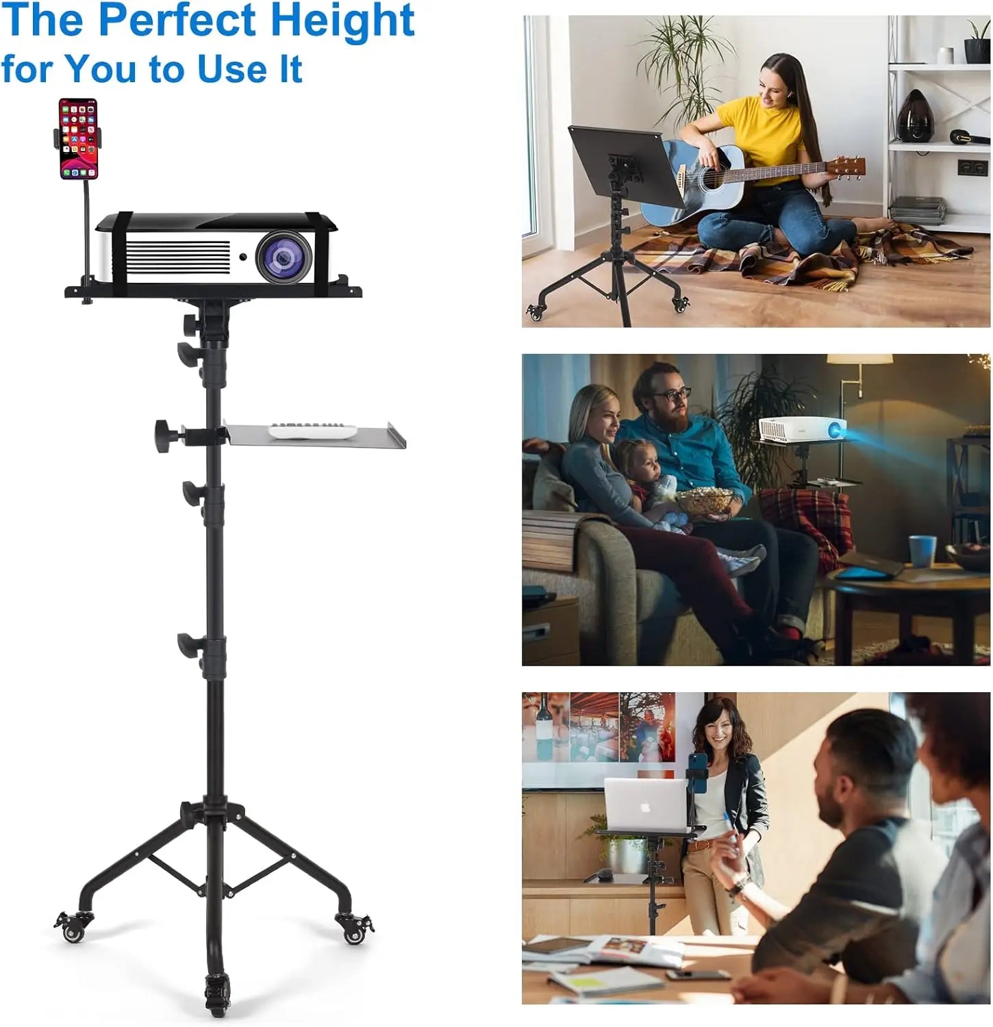 Portable Laptop Tripod on Wheels with Adjustable Height and Phone Holder, 2 Shelves for Projector Stand