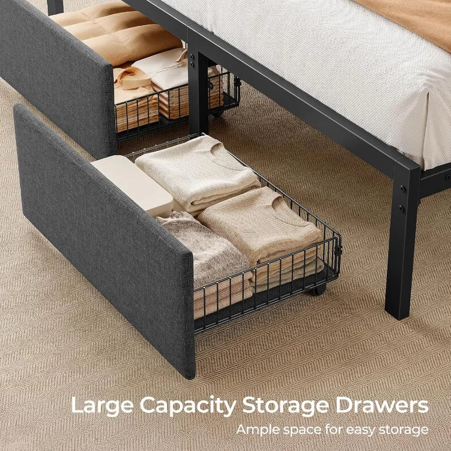 Full Size Bed Frame with Ergonomic Headboard Storage Charging Station Upholstered Platform Bed with LED Light Drawer Heavy Duty