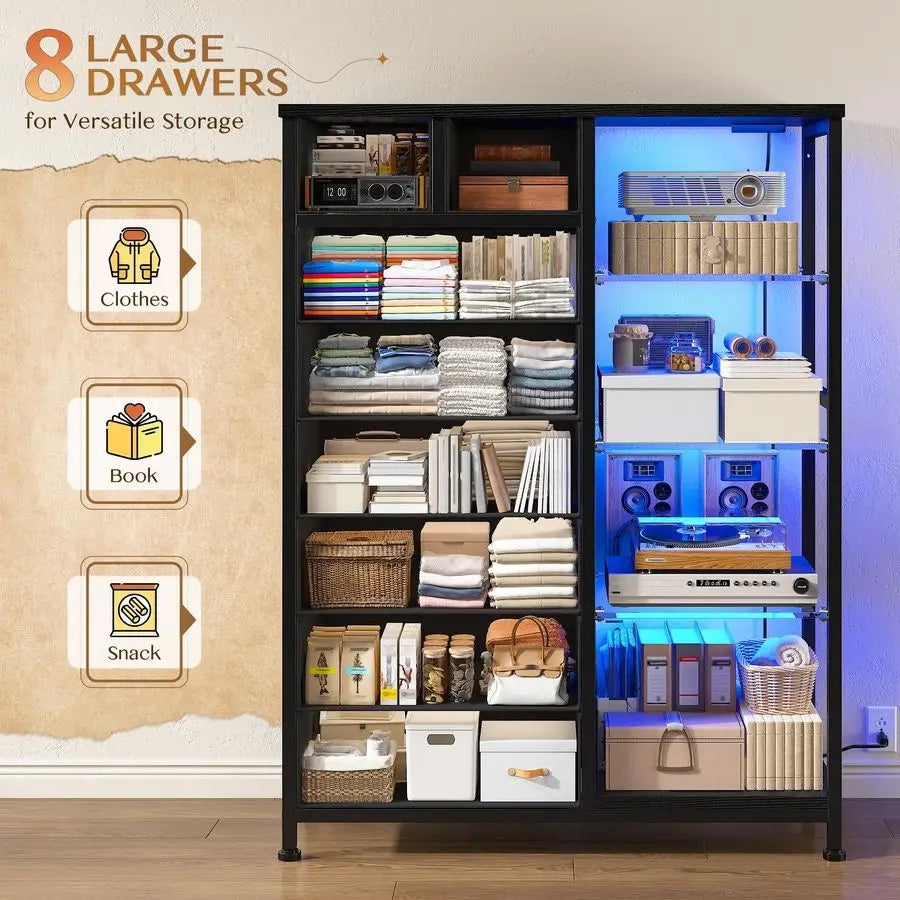 54 H Dresser for Bedroom with LED Lights amp Power Outlets Dresser with 8 Drawers Fabric Dressers amp Chests of Drawers for Bedr