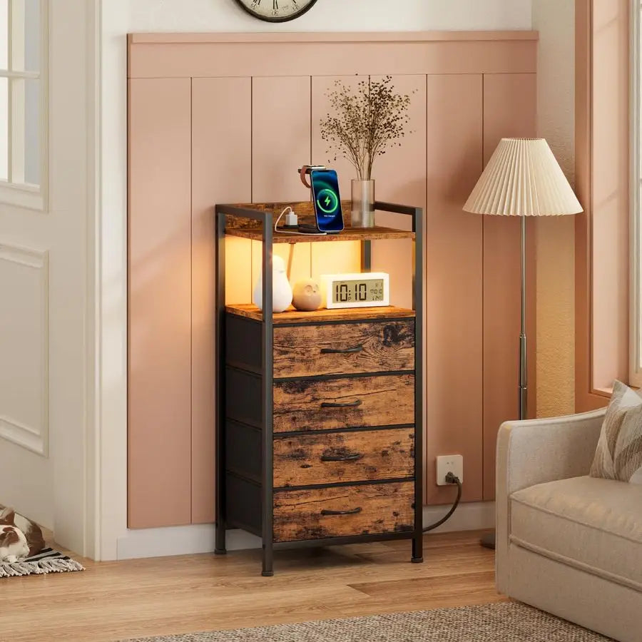 Night Stand with Charging Station and Led Light, 4 Drawer Dresser for Bedroom, Small Nightstand Bedside Table, Fabric Bins, Meta