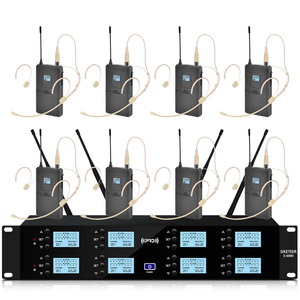 Professional UHF wireless microphone, 8-channel, handheld lavalier microphone, suitable for karaoke, church, and stage use.