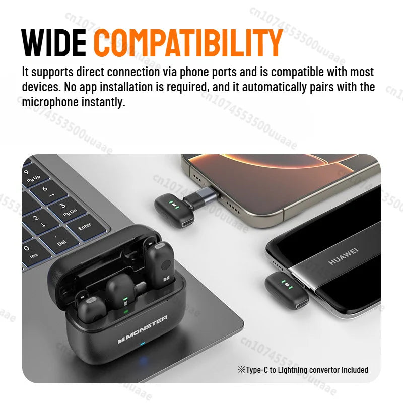 Monster N10 PRO Wireless Lavalier Lapel Microphone for iPhone 7-17 iOS/Android Type-C Phone Live Game Recording Interview Vlog