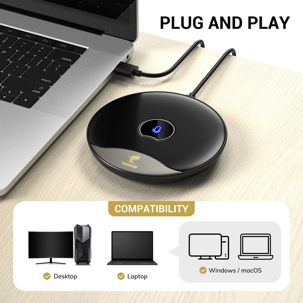 USB Conference Microphone, 360° Omnidirectional PC Computer Condenser Mic with Mute Button for Online Meeting/Class, Zoom Call