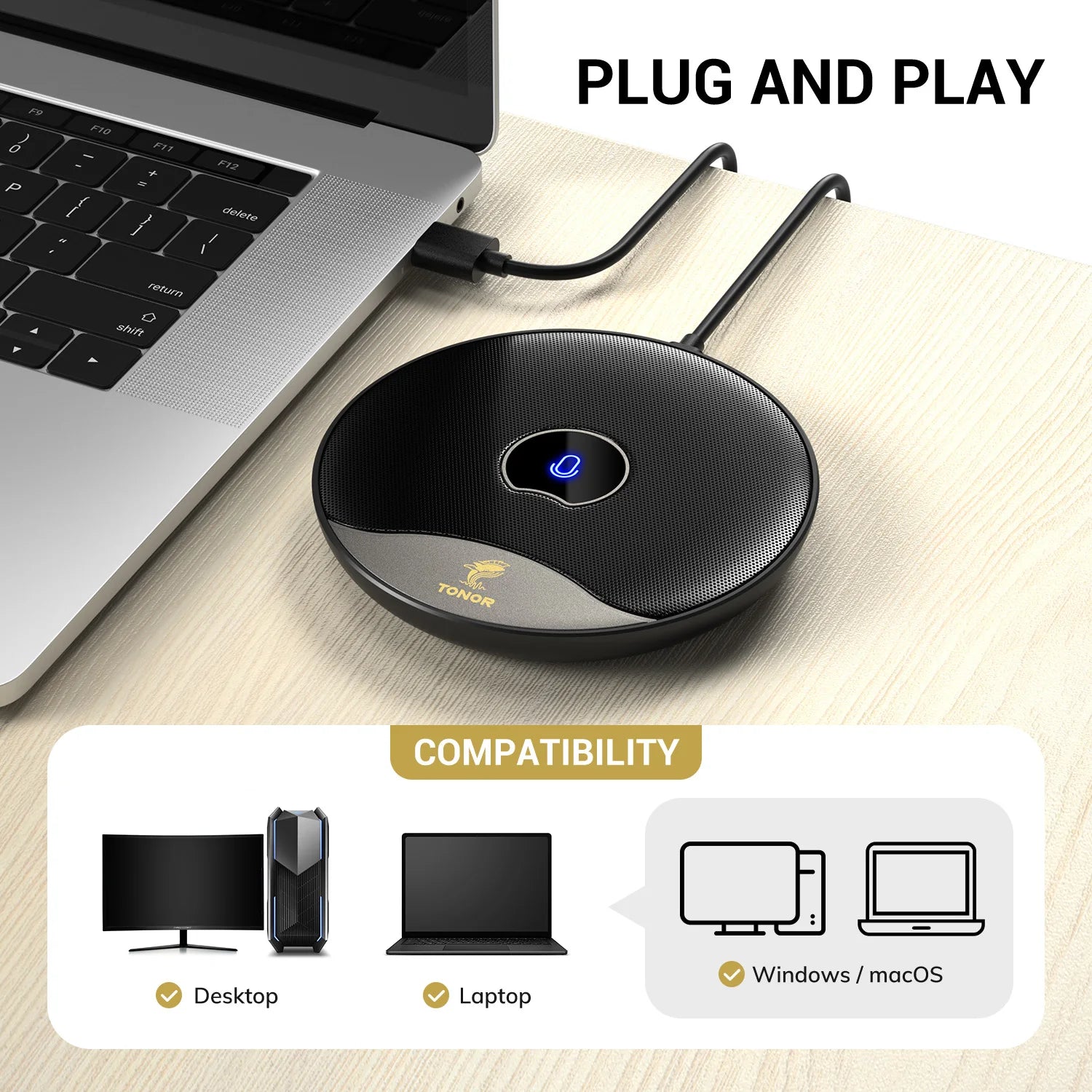 USB Conference Microphone, 360° Omnidirectional PC Computer Condenser Mic with Mute Button for Online Meeting/Class, Zoom Call