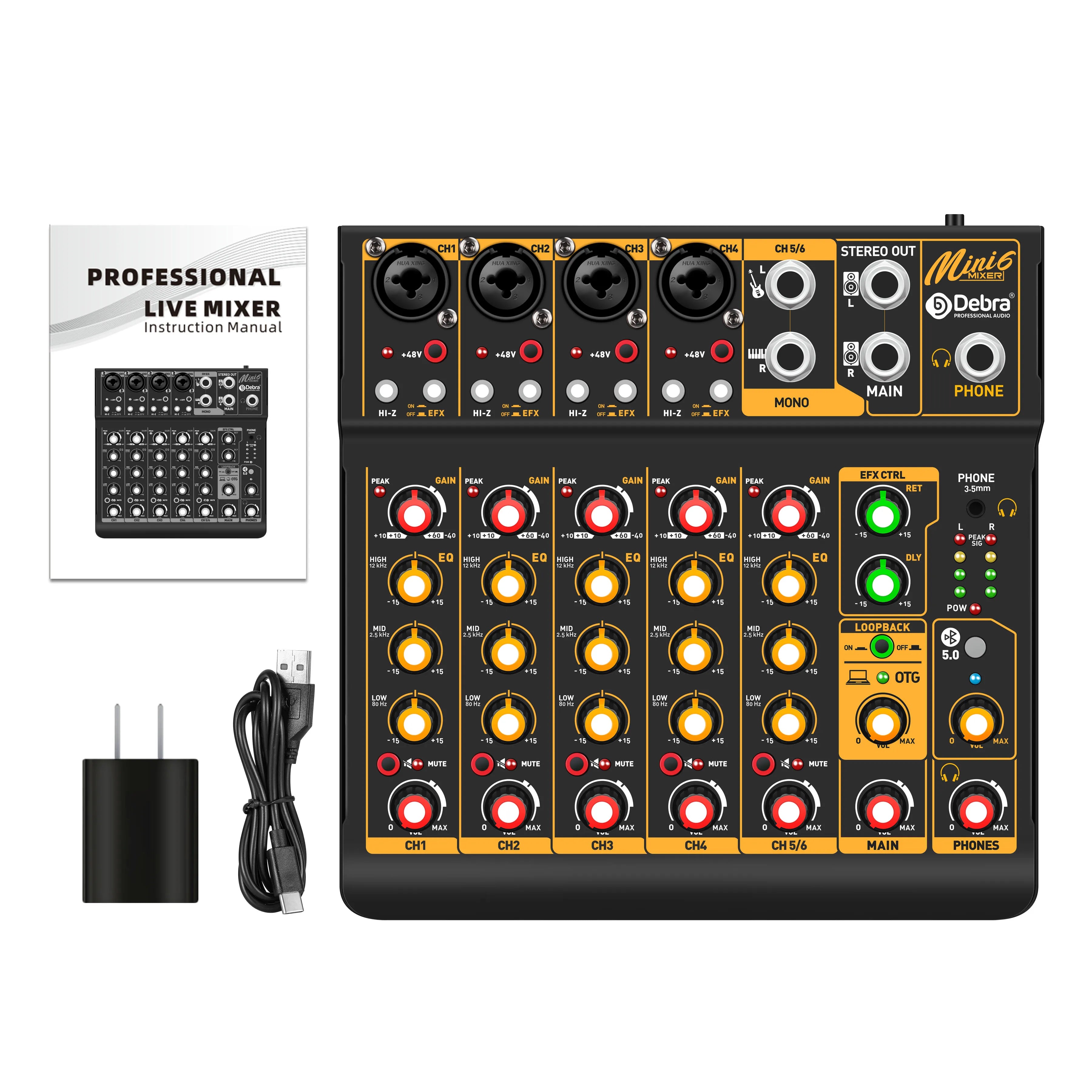 Debra OTG Metal Audio Mixer DJ Console Mini6 With Bluetooth 48V Power Delay Repaeat Effect For Sound Mixing Console PC Recording