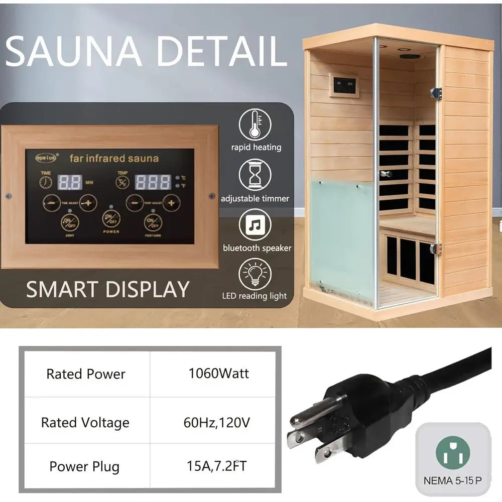 Personal Infrared Sauna with Red Light Therapy, Low EMF, Deluxe Glass, Smart Display & 2 Bluetooth Speakers
