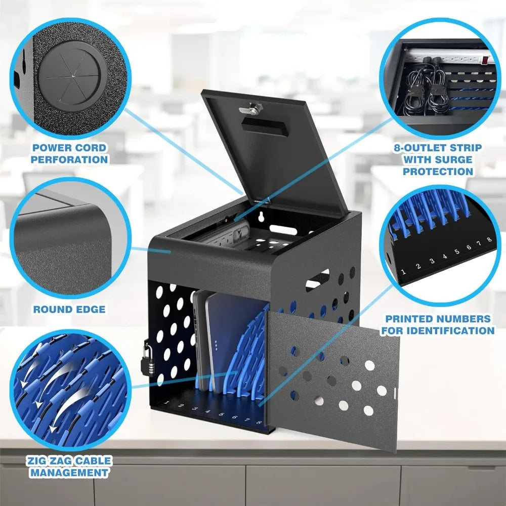 8-Device Chromebook Charging Cabinet for Classroom - Laptop Lock Box for iPad Tablet Fits 14" Screen - Portable Locking Chargin