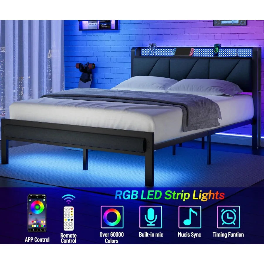 Queen Size Platform Bed Frame with Upholstered Headboard Built-in LED Lights Integrated Charging Station with USB Ports Noise-F