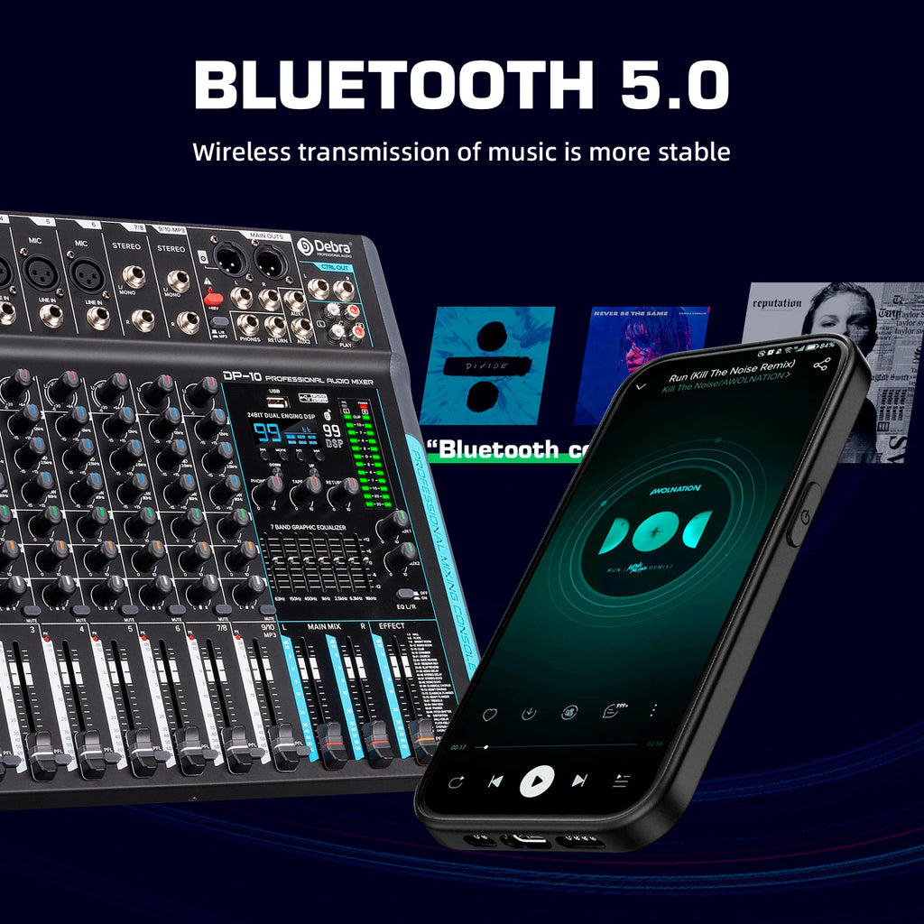 Debra 99 DSP Audio Mixer DJ Controller DP-10 10 Channels Reverb Recording Mixing With Bluetooth 5.0 Professional Performance