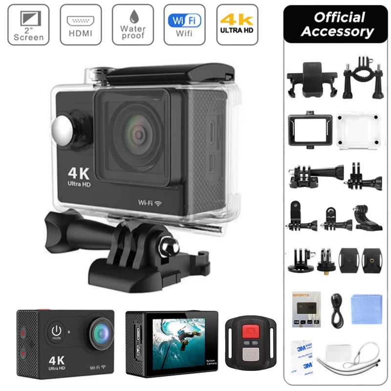 4K Outdoor WiFi Action Camera Motorcycle Bicycle Helmet Video Recording 4K/30FPS WiFi 2.0" 170D Underwater Waterproof Sports Cam