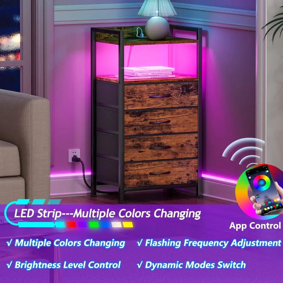 Night Stand with Charging Station and Led Light, 4 Drawer Dresser for Bedroom, Small Nightstand Bedside Table, Fabric Bins, Meta