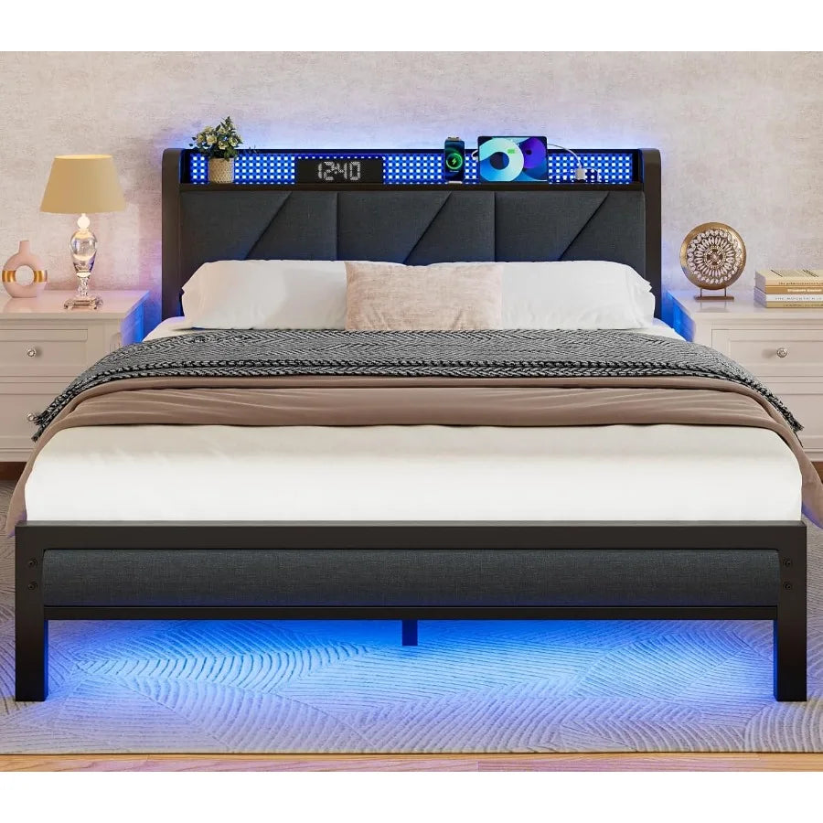 Queen Size Platform Bed Frame with Upholstered Headboard Built-in LED Lights Integrated Charging Station with USB Ports Noise-F