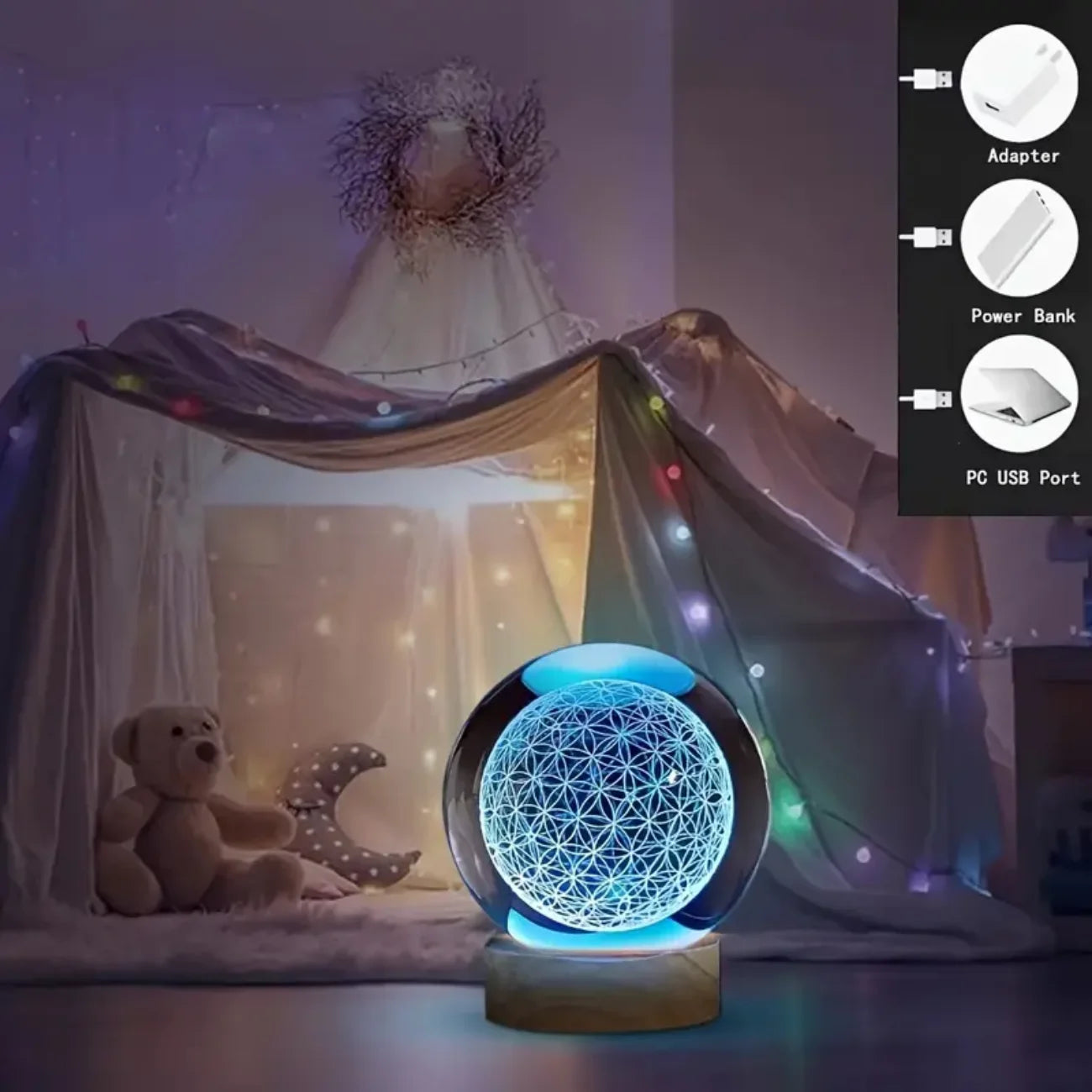 1pc,3D Flower of Life Crystal Ball with USB-powered colorful nightlights - the perfect holiday gift for family, friends and coll