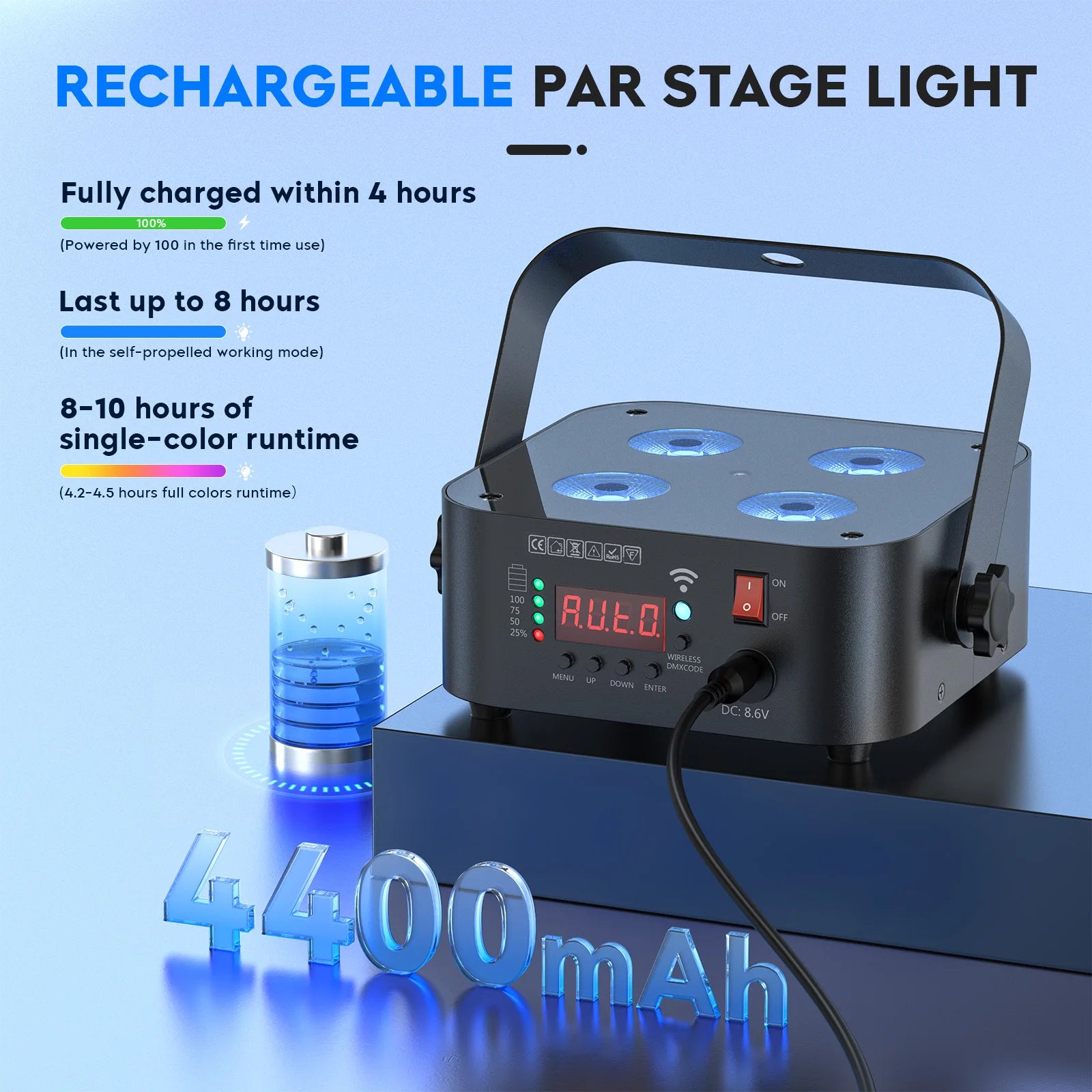 U'King 4PCS/8PCS 4x18W LED RGBWA+UV Par Light Wireless APP Control LED Par Light DMX Bulit-in Battery Stage Light for DJ Party