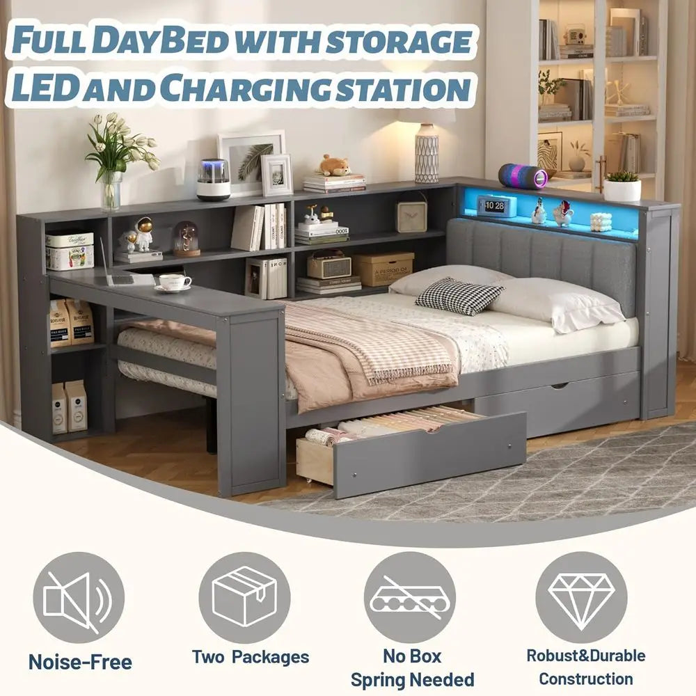 Gray Daybed Desk Combo with LED Lighting and Charging Port, Storage Drawers for Kids, Teens, and Adults, Convertible Sofa Bed fo