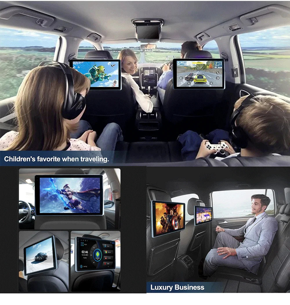 10.1" HD 1280*800 Android 13 Car Headrest Monitor Tablet For Back Seat Multimedia Apple Carplay Ambient Lights BT SD HDMI-Input