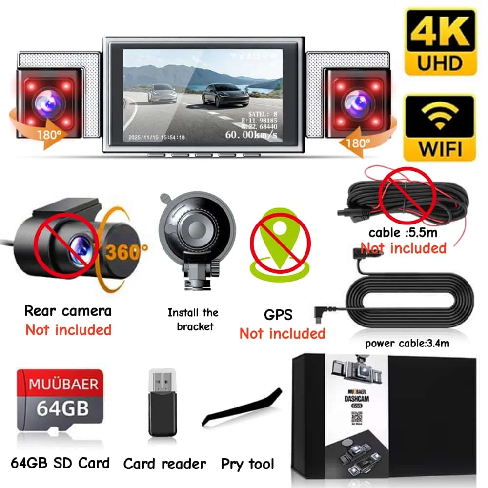 4-Channel 360° Panoramic Dash Cam 4K Front+1080P Rear/Left/Right, GPS WiFi, Night Vision, Loop Recording, Parking Monitor