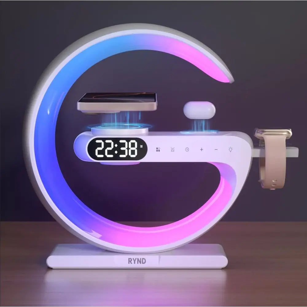 5-in-1 Magnetic Speaker Alarm Clock, Adjustable Night Light Bed Lamp, White for Family/Friends