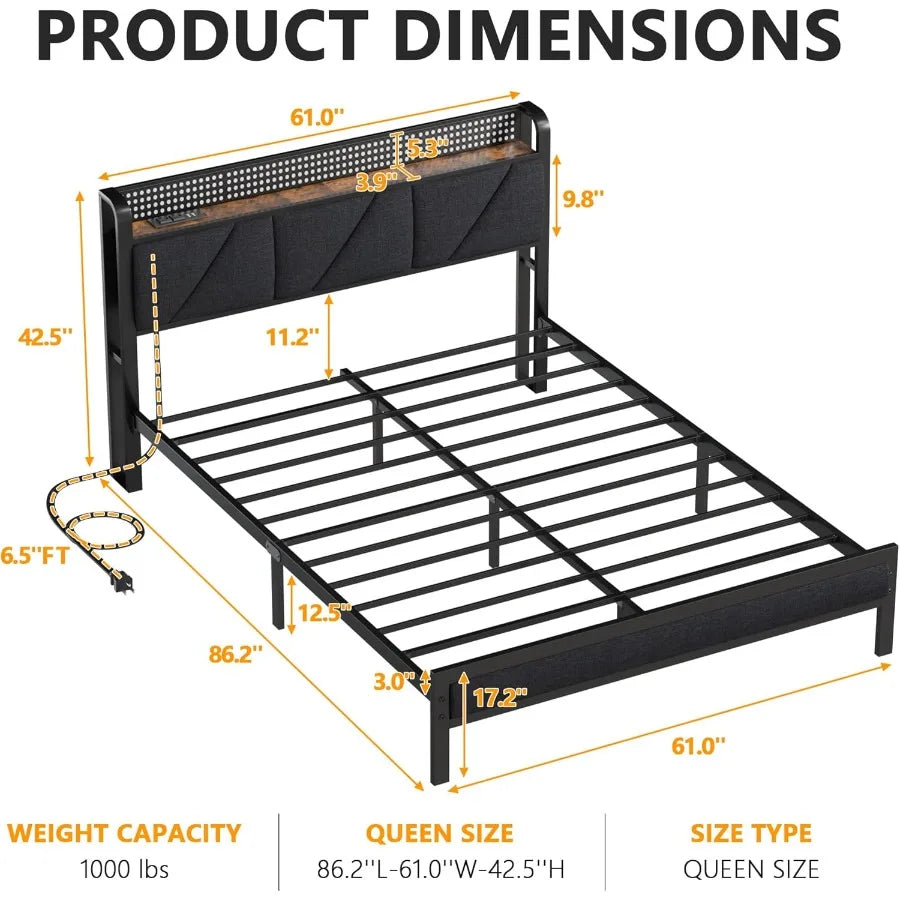Queen Size Platform Bed Frame with Upholstered Headboard Built-in LED Lights Integrated Charging Station with USB Ports Noise-F