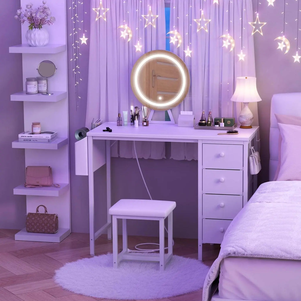 White Vanity Desk with Mirror, Light, Storage & Charging Station - Modern Makeup Table for Girls Bedroom
