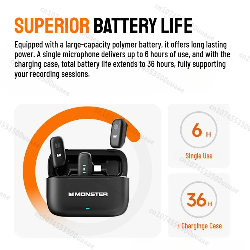 Monster N10 PRO Wireless Lavalier Lapel Microphone for iPhone 7-17 iOS/Android Type-C Phone Live Game Recording Interview Vlog