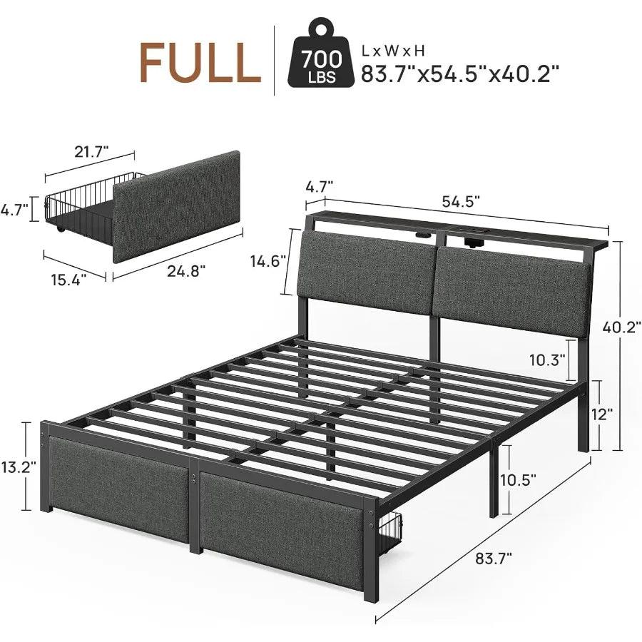 Full Size Bed Frame with Ergonomic Headboard Storage Charging Station Upholstered Platform Bed with LED Light Drawer Heavy Duty