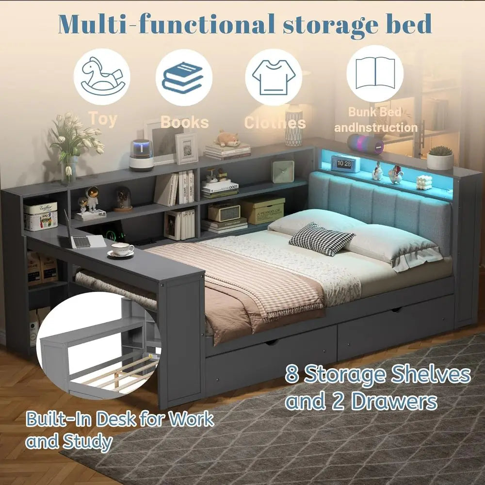 Gray Daybed Desk Combo with LED Lighting and Charging Port, Storage Drawers for Kids, Teens, and Adults, Convertible Sofa Bed fo