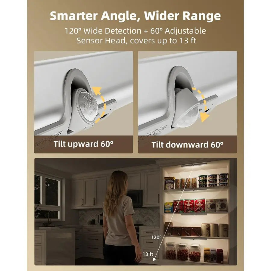 15in Closet Lights with Rotatable Motion Sensor, Rechargeable Under Cabinet Lighting, NoGlare Curved Design, 3 Color Temps amp D