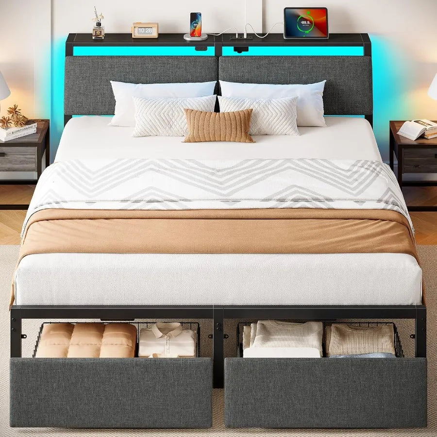 Full Size Bed Frame with Ergonomic Headboard Storage Charging Station Upholstered Platform Bed with LED Light Drawer Heavy Duty