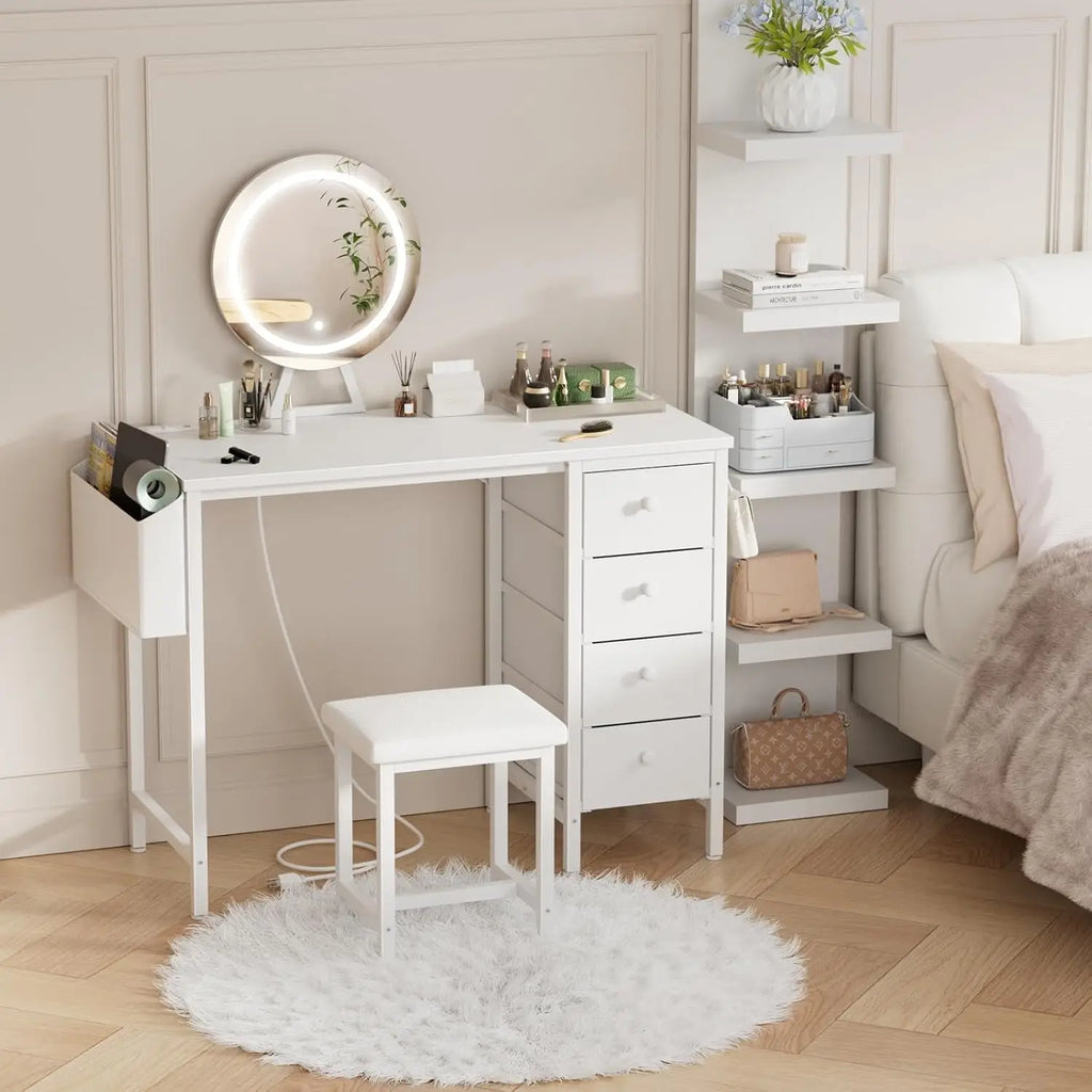 White Vanity Desk with Mirror, Light, Storage & Charging Station - Modern Makeup Table for Girls Bedroom
