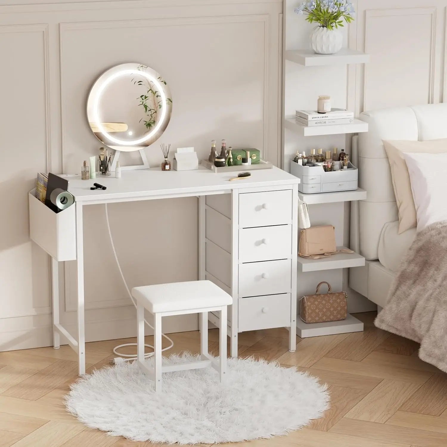 White Vanity Desk with Mirror, Light, Storage & Charging Station - Modern Makeup Table for Girls Bedroom