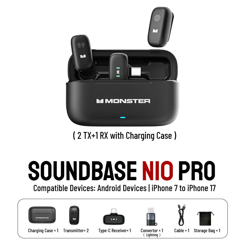 Monster N10 PRO Wireless Lavalier Lapel Microphone for iPhone 7-17 iOS/Android Type-C Phone Live Game Recording Interview Vlog