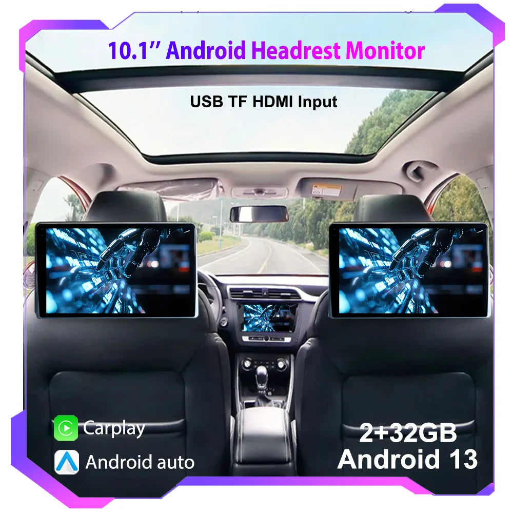10.1" HD 1280*800 Android 13 Car Headrest Monitor Tablet For Back Seat Multimedia Apple Carplay Ambient Lights BT SD HDMI-Input