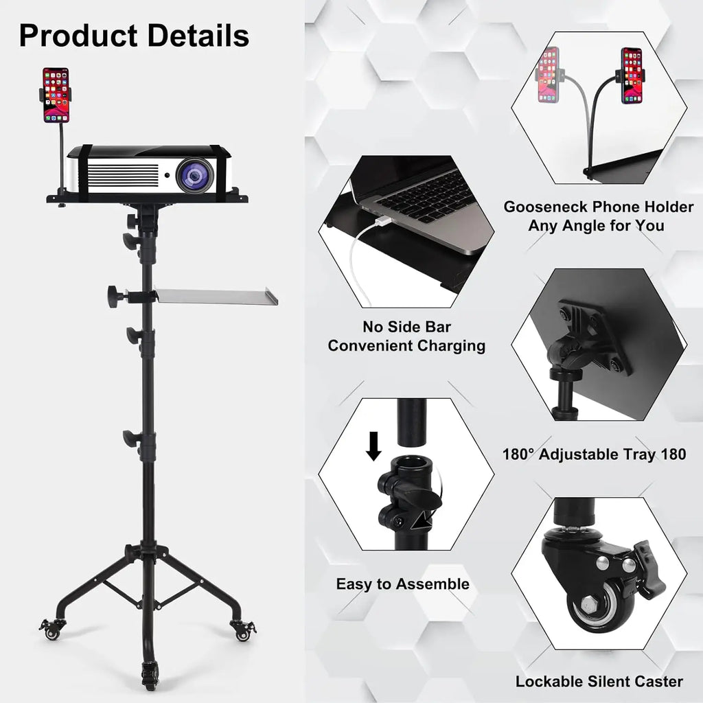 Portable Laptop Tripod on Wheels with Adjustable Height and Phone Holder, 2 Shelves for Projector Stand