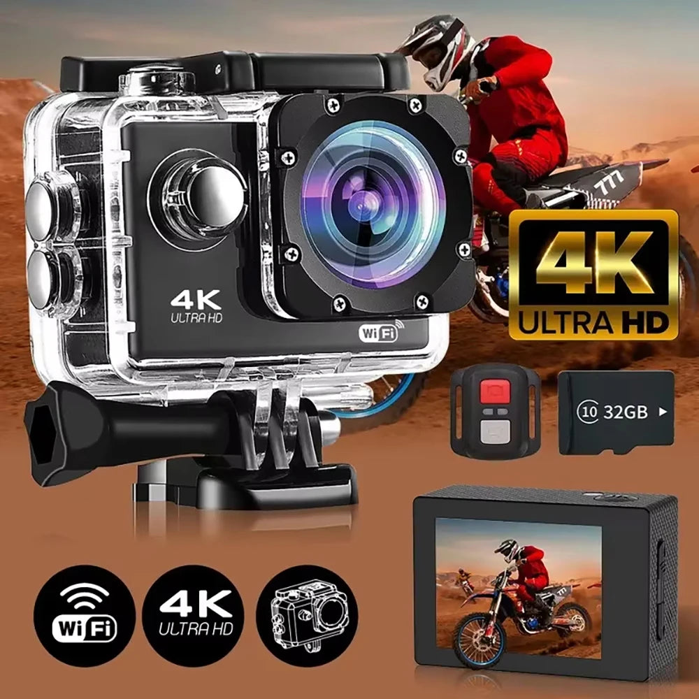 4K Outdoor WiFi Action Camera Motorcycle Bicycle Helmet Video Recording 4K/30FPS WiFi 2.0" 170D Underwater Waterproof Sports Cam