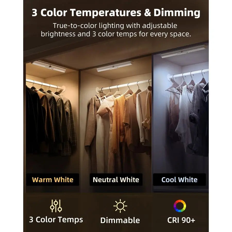 15in Closet Lights with Rotatable Motion Sensor, Rechargeable Under Cabinet Lighting, NoGlare Curved Design, 3 Color Temps amp D
